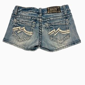 Miss Me sz 26 Blue Denim Cuffed Jean Shorts Leather Detail On Pockets Stretchy!